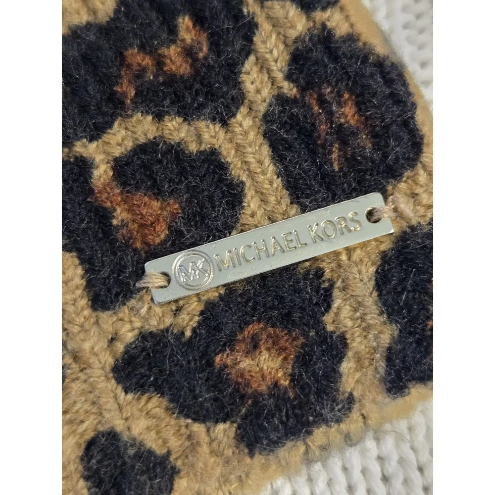Michael Kors Leopard Print Knit Beanie‎ Hat Brown Black Acrylic Women's OSFA